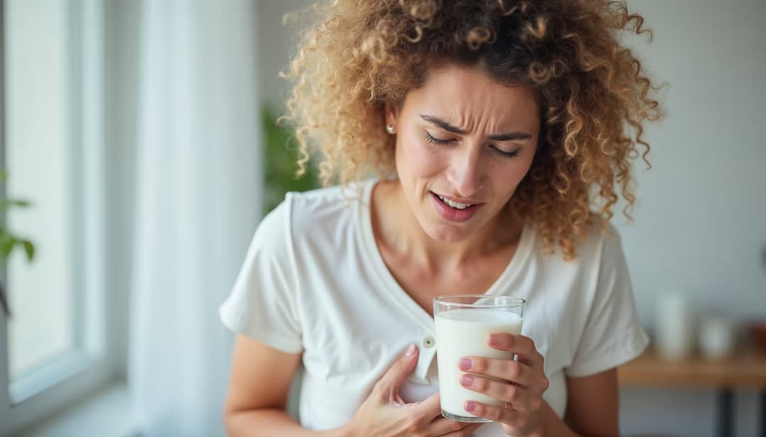 Woman holding a glass of milk while clutching her stomach in discomfort